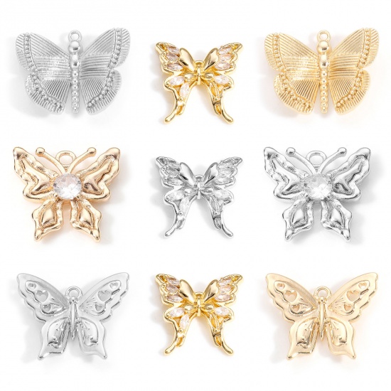 Bild von Messing Insekt Charms Gold Gefüllt Schmetterling Klar Zirkonia 14mm x 13mm, 2 Stück