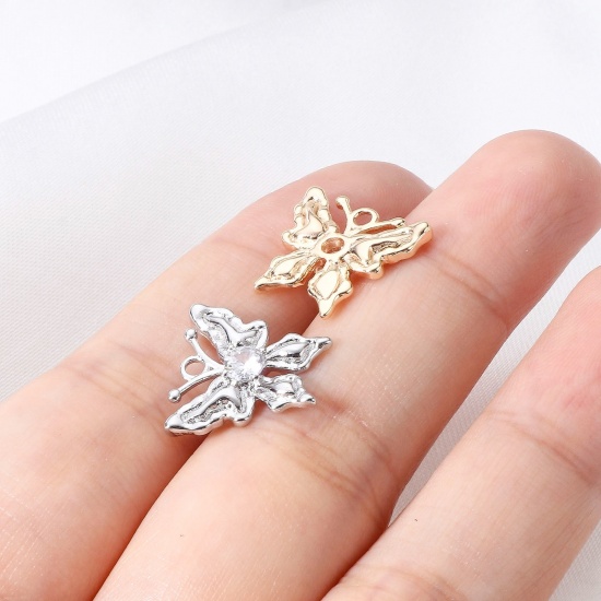 Picture of Brass Insect Charms Real Gold Plated Butterfly Animal Clear Cubic Zirconia 14mm x 13mm