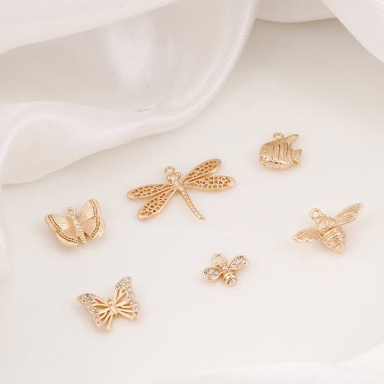 Picture of Brass Insect Charms Real Gold Plated Butterfly Animal Clear Cubic Zirconia 14mm x 13mm