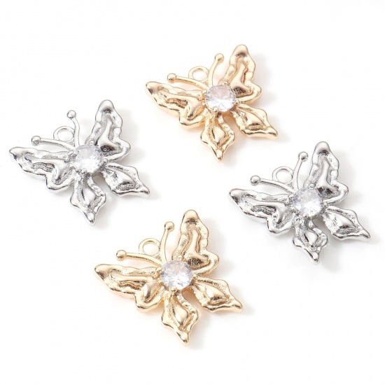 Picture of Brass Insect Charms Real Gold Plated Butterfly Animal Clear Cubic Zirconia 14mm x 13mm