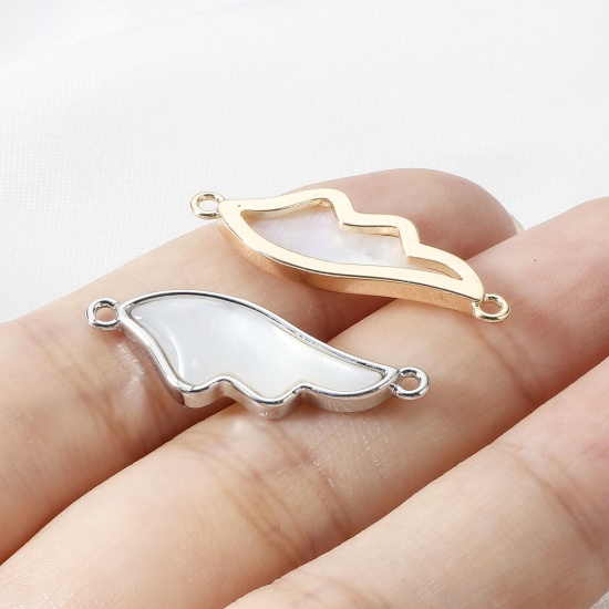 Bild von Muschel + Messing Steckverbinder Charms Anhänger Flügel Echtgold plattiert 26,5mm x 9,5mm, 1 Stück