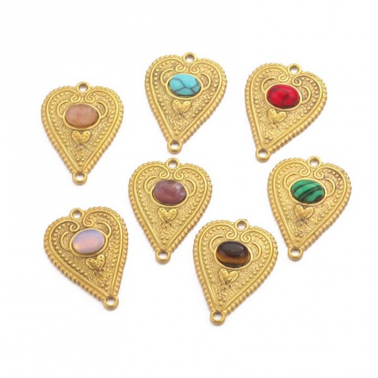 Picture of 304 Stainless Steel & Gemstone Connectors Charms Pendants 18K Gold Plated Multicolor Heart 29mm x 21mm