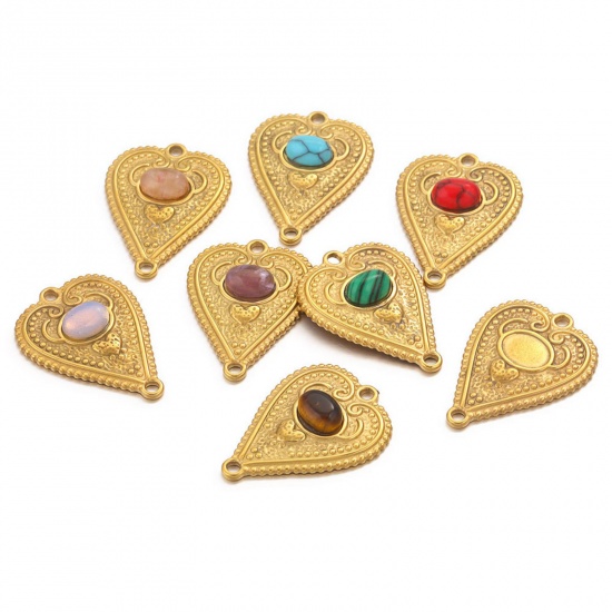 Picture of 304 Stainless Steel & Gemstone Connectors Charms Pendants 18K Gold Plated Multicolor Heart 29mm x 21mm