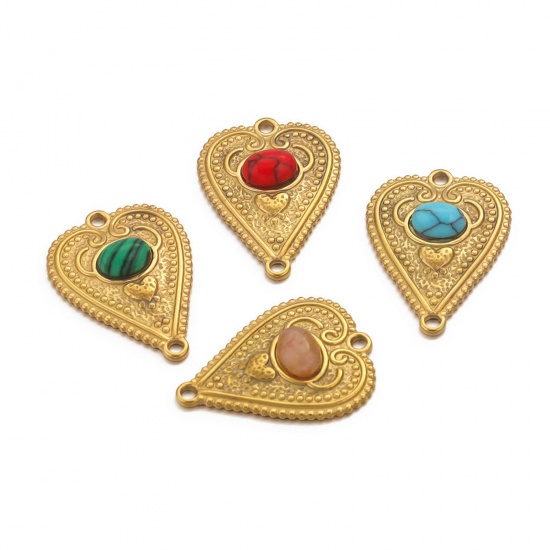 Picture of 304 Stainless Steel & Gemstone Connectors Charms Pendants 18K Gold Plated Multicolor Heart 29mm x 21mm