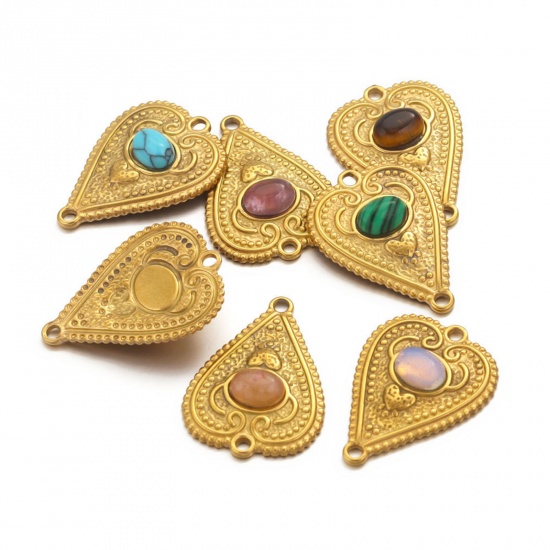 Picture of 304 Stainless Steel & Gemstone Connectors Charms Pendants 18K Gold Plated Multicolor Heart 29mm x 21mm