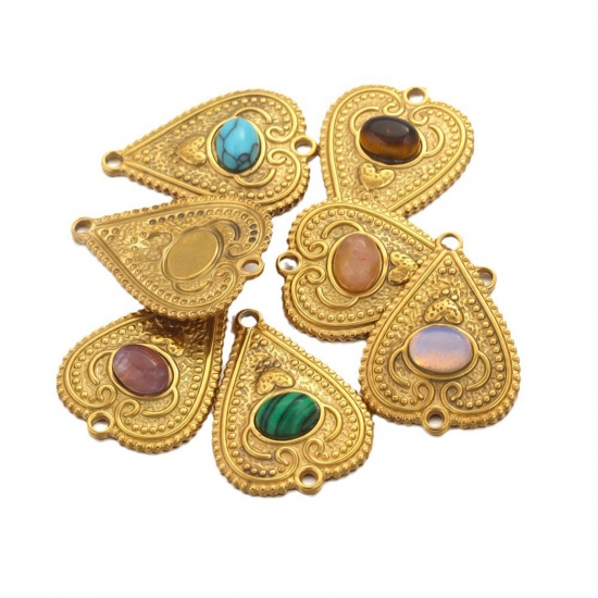 Picture of 304 Stainless Steel & Gemstone Connectors Charms Pendants 18K Gold Plated Multicolor Heart 29mm x 21mm