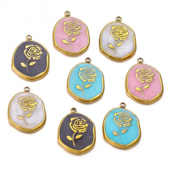 Picture of 304 Stainless Steel Charms 18K Gold Color Oval Rose Flower Enamel 15mm x 20mm