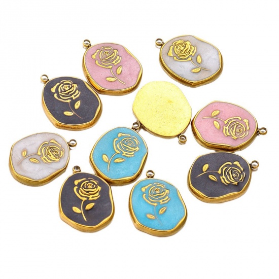 Picture of 304 Stainless Steel Charms 18K Gold Color Oval Rose Flower Enamel 15mm x 20mm