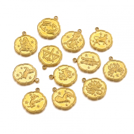 Picture of 304 Stainless Steel Charms 18K Gold Plated Round Disc Constellation 16mm x 19.5mm