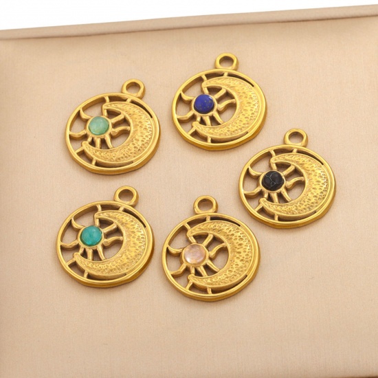 Immagine di 304 Acciaio Inossidabile & Gemma Charms Placcato Oro 18K Sole & Luna 2 Pz