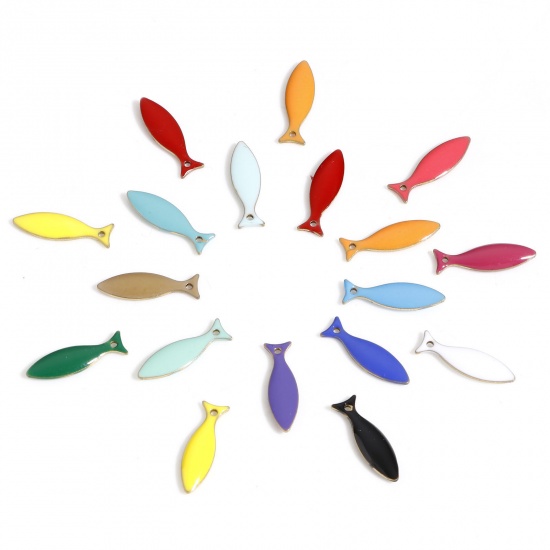 Immagine di Ottone Sequins Smaltati Charms Colore di Ottone Multicolore Pesce Smalto 15mm x 4mm, 10 Pz                                                                                                                                                                    