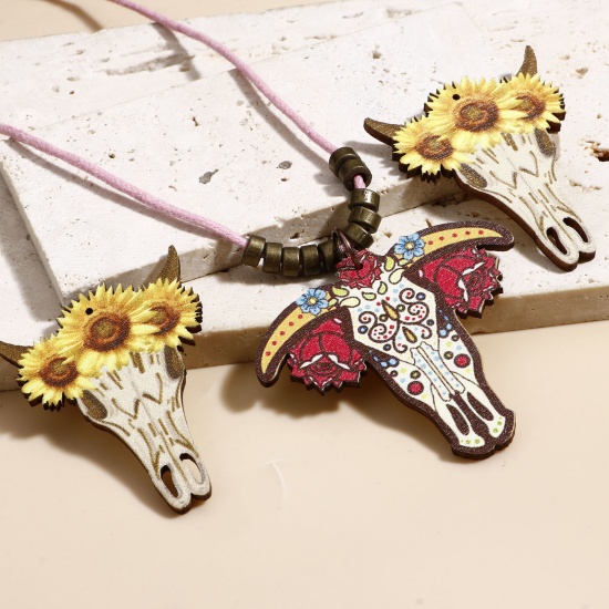 Immagine di Legno Stile Bohemien Ciondoli Multicolore Testa di Toro/Testa di Mucca Fiore 10 Pz