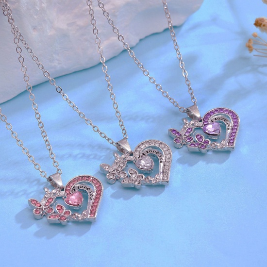 Picture of Ins Style Pendant Necklace Silver Tone Heart Butterfly Message " I Love you " Multicolor Rhinestone