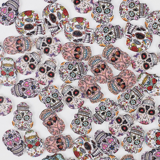 Immagine di Legno Halloween Bottone da Cucire Scrapbook Due Fori Zucchero Cranio A Colori Misti Casuali 2.5cm x 1.8cm, 1 Pacchetto