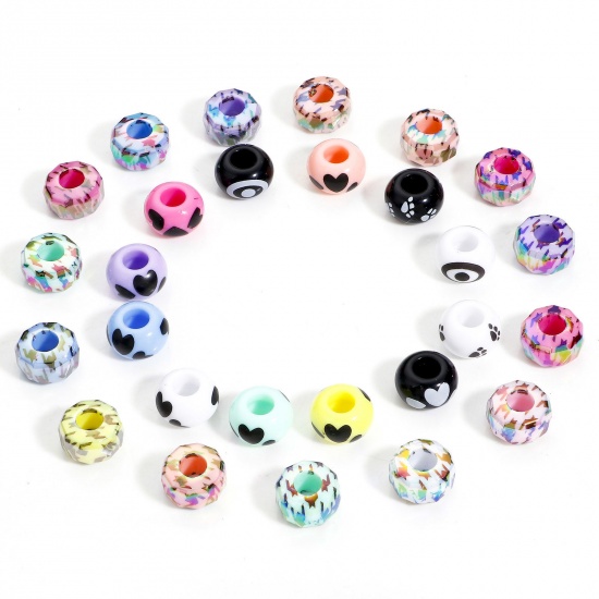 Picture of Acrylic European Style Large Hole Charm Beads At Random Mixed Color Abacus Heart 14mm Dia.