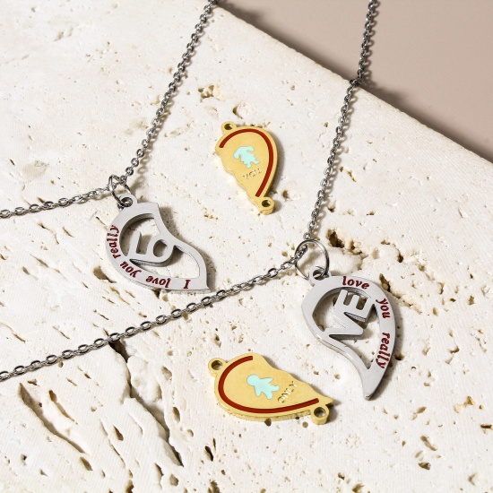 Picture of 304 Stainless Steel Valentine's Day Connectors Charms Pendants Enamel