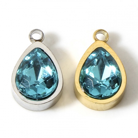 304 Stainless Steel Charms Drop Green Blue Rhinestone 12mm x 8mm