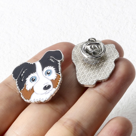 Picture of Zinc Based Alloy Pin Brooches Dog Animal Silver Tone Enamel