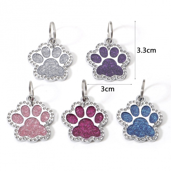 Picture of Zinc Based Alloy Pet Memorial Pendants Pet Dog Cat Tag Silver Tone Multicolor Paw Print Clear Rhinestone