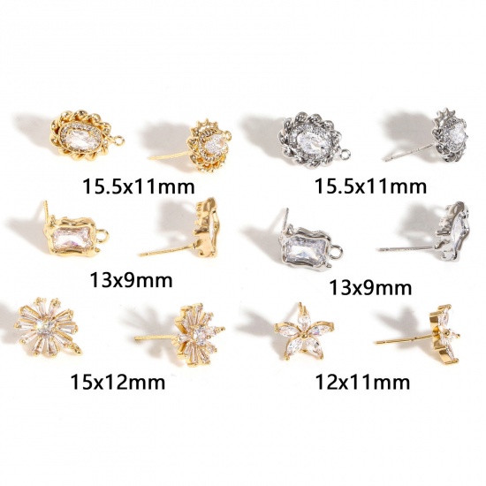 Picture of Brass Ear Post Stud Earrings Multicolor Flower With Loop Clear Cubic Zirconia                                                                                                                                                                                 