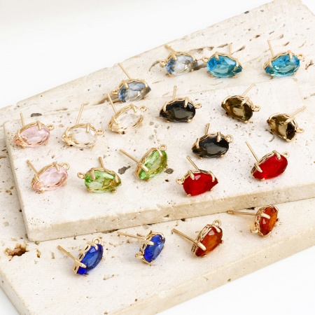 Brass & Glass Ear Post Stud Earrings Gold Plated Multicolor Drop With Loop 14mm x 8mm