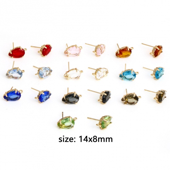 Picture of Brass & Glass Ear Post Stud Earrings Gold Plated Multicolor Drop With Loop 14mm x 8mm                                                                                                                                                                         