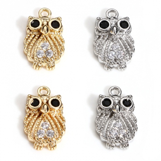 Picture of Brass Halloween Charms Real Gold Plated Owl Animal Micro Pave Clear & Black Cubic Zirconia 13mm x 8mm