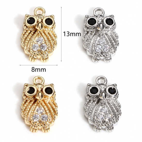 Picture of Brass Halloween Charms Real Gold Plated Owl Animal Micro Pave Clear & Black Cubic Zirconia 13mm x 8mm