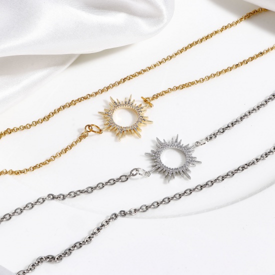 Picture of Brass Galaxy Connectors Charms Pendants Sun Real Gold Plated Micro Pave Clear Cubic Zirconia 29mm x 25mm
