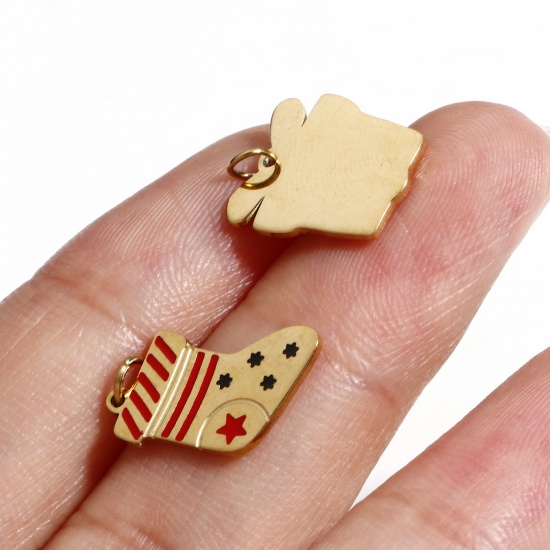Picture of 316 Stainless Steel Exquisite Charms 18K Real Gold Plated Christmas Reindeer Christmas Stocking Enamel