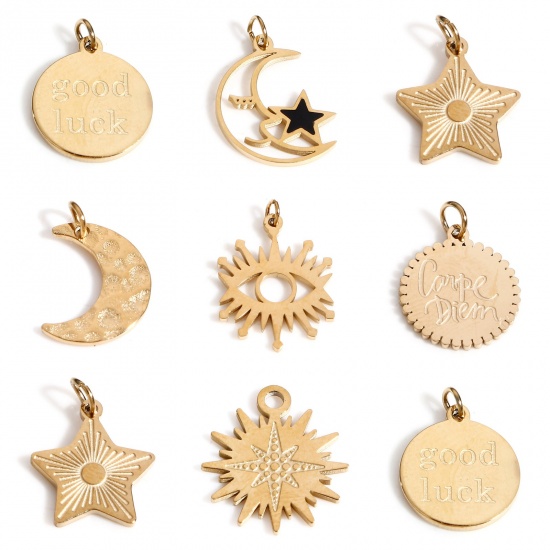 Picture of 316 Stainless Steel Galaxy Charms 18K Real Gold Plated Pentagram Star Moon Face