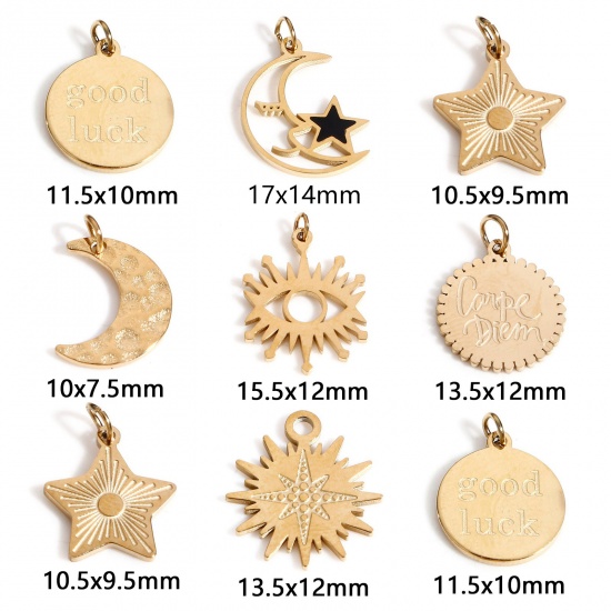 Picture of 316 Stainless Steel Galaxy Charms 18K Real Gold Plated Pentagram Star Moon Face