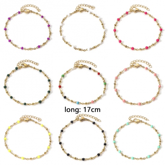 Picture of 304 Stainless Steel Handmade Link Chain Bracelets 18K Gold Plated Enamel 17cm(6 6/8") long