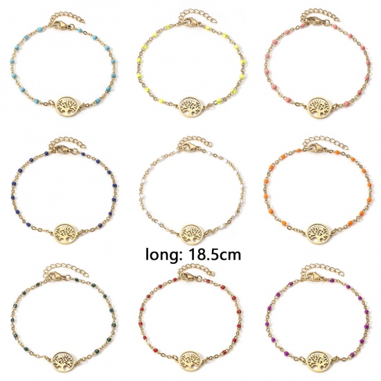 Picture of 304 Stainless Steel Link Cable Chain Bracelets 18K Gold Color Tree of Life Enamel 18.5cm(7 2/8") long