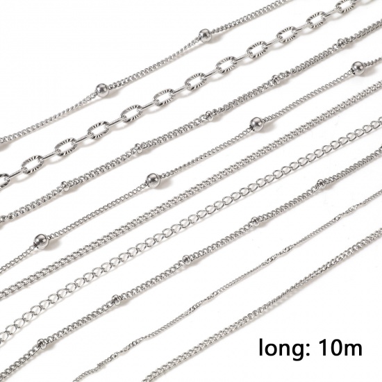 Picture of 304 Stainless Steel Link Chain For Handmade DIY Jewelry Making Findings Silver Tone 1 Roll (Approx 10 M/Roll)