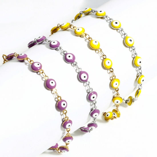 Imagen de 304 Acero Inoxidable Religión Cadena de Eslabones Hechos a Mano Pulseras Ronda Mal de ojo Con Broche de Langosta y Extensor Cadena 16.5cm longitud, 1 Unidad