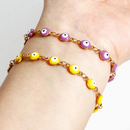 Imagen de 304 Acero Inoxidable Religión Cadena de Eslabones Hechos a Mano Pulseras Ronda Mal de ojo Con Broche de Langosta y Extensor Cadena 16.5cm longitud, 1 Unidad