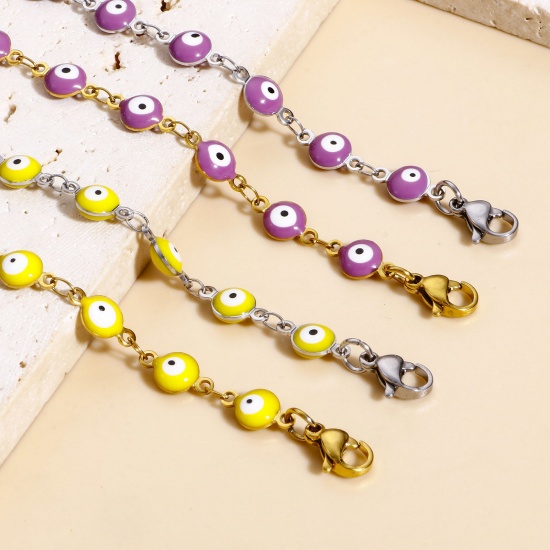 Imagen de 304 Acero Inoxidable Religión Cadena de Eslabones Hechos a Mano Pulseras Ronda Mal de ojo Con Broche de Langosta y Extensor Cadena 16.5cm longitud, 1 Unidad