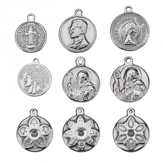 Picture of 304 Stainless Steel Retro Charms Gray Round Religious Figure