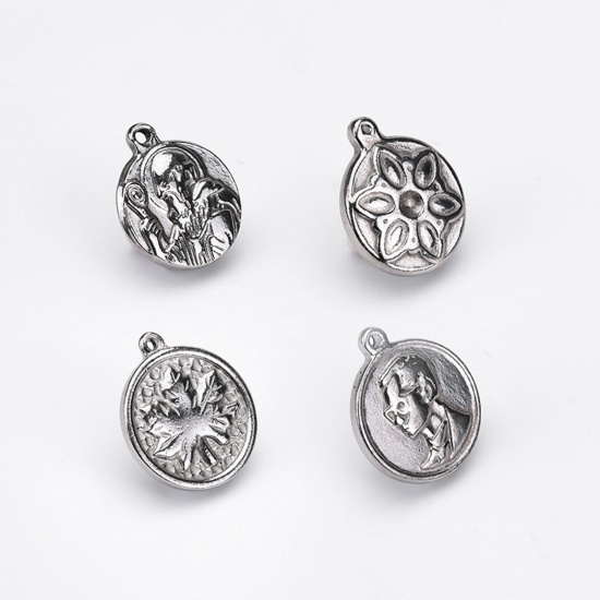 Picture of 304 Stainless Steel Retro Charms Gray Round Religious Figure