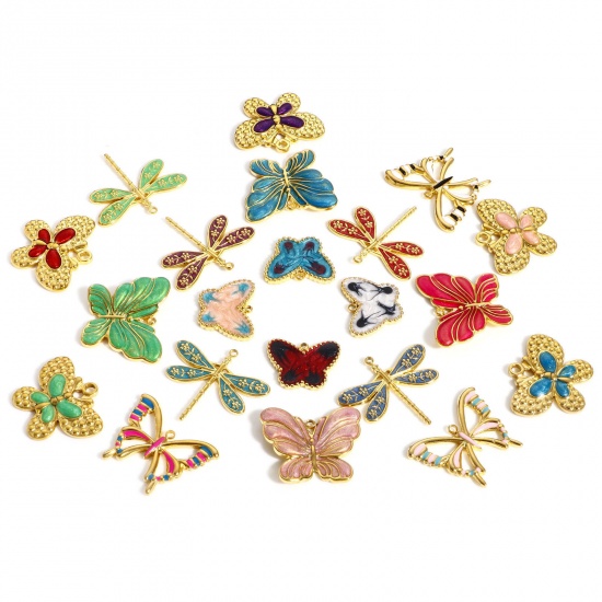 Picture of 304 Stainless Steel Insect Charms 18K Gold Color Multicolor Dragonfly Animal Butterfly Enamel