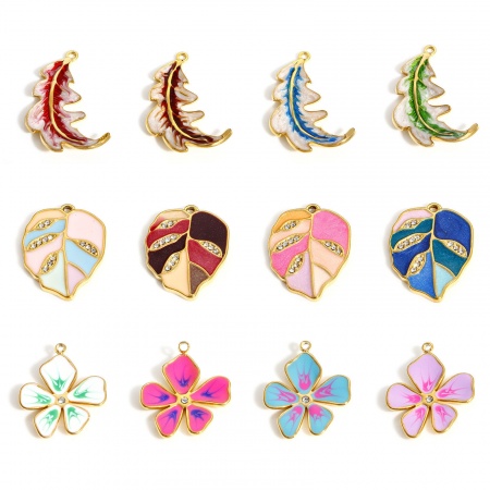 Breloques en 304 Acier Inoxydable Style Pastoral Fleur Doré Multicolore Feuilles Émail à Strass Transparent 1 Pièce