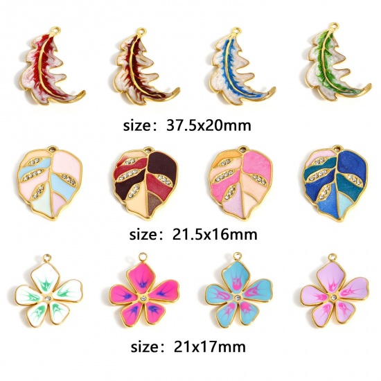 Picture of 304 Stainless Steel Pastoral Style Charms Gold Plated Multicolor Flower Leaf Enamel Clear Rhinestone