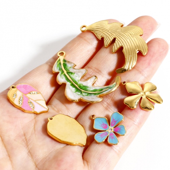 Picture of 304 Stainless Steel Pastoral Style Charms Gold Plated Multicolor Flower Leaf Enamel Clear Rhinestone