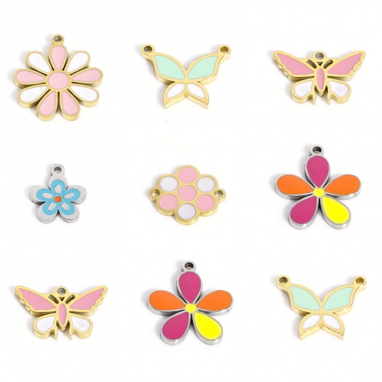 Image de 2 Pcs Breloques en 316 Acier Inoxydable Fleur Multicolore Papillons Émail