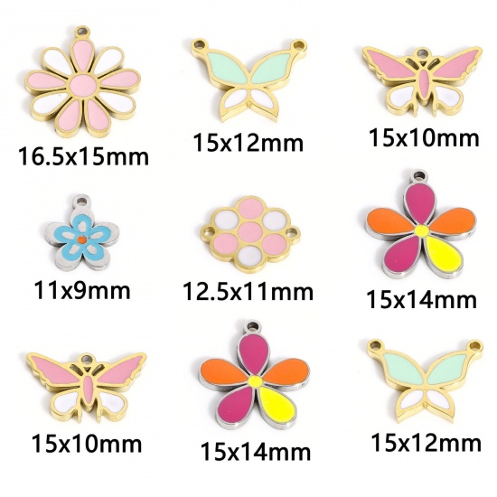 Image de 2 Pcs Breloques en 316 Acier Inoxydable Fleur Multicolore Papillons Émail