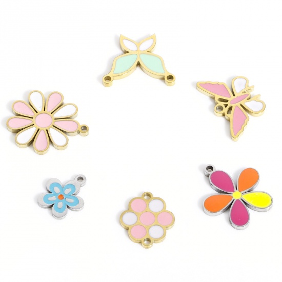Image de 2 Pcs Breloques en 316 Acier Inoxydable Fleur Multicolore Papillons Émail