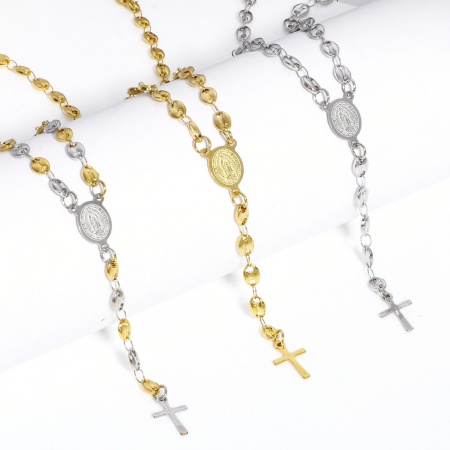 1 Pièce Collier Chapelet de Perles de Prière Chaîne de Nez de Cochon en 304 Acier Inoxydable Religieux Croix Sainte Vierge Marie 50cm Long