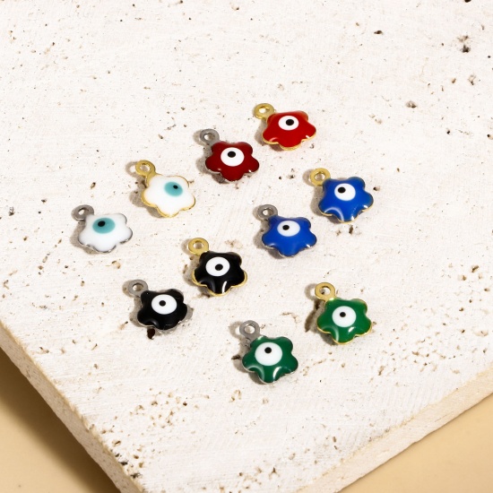 Picture of 304 Stainless Steel Religious Charms Flower Leaves Evil Eye Double-sided Enamel 8.5mm x 6.5mm