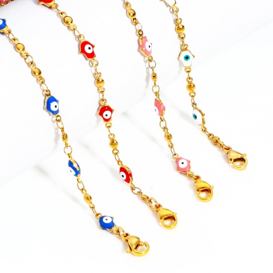 Picture of 304 Stainless Steel Religious Handmade Link Chain Necklace For DIY Jewelry Making Hamsa Symbol Hand Evil Eye Gold Plated Enamel 45cm(17 6/8") - 44cm(17 3/8") long